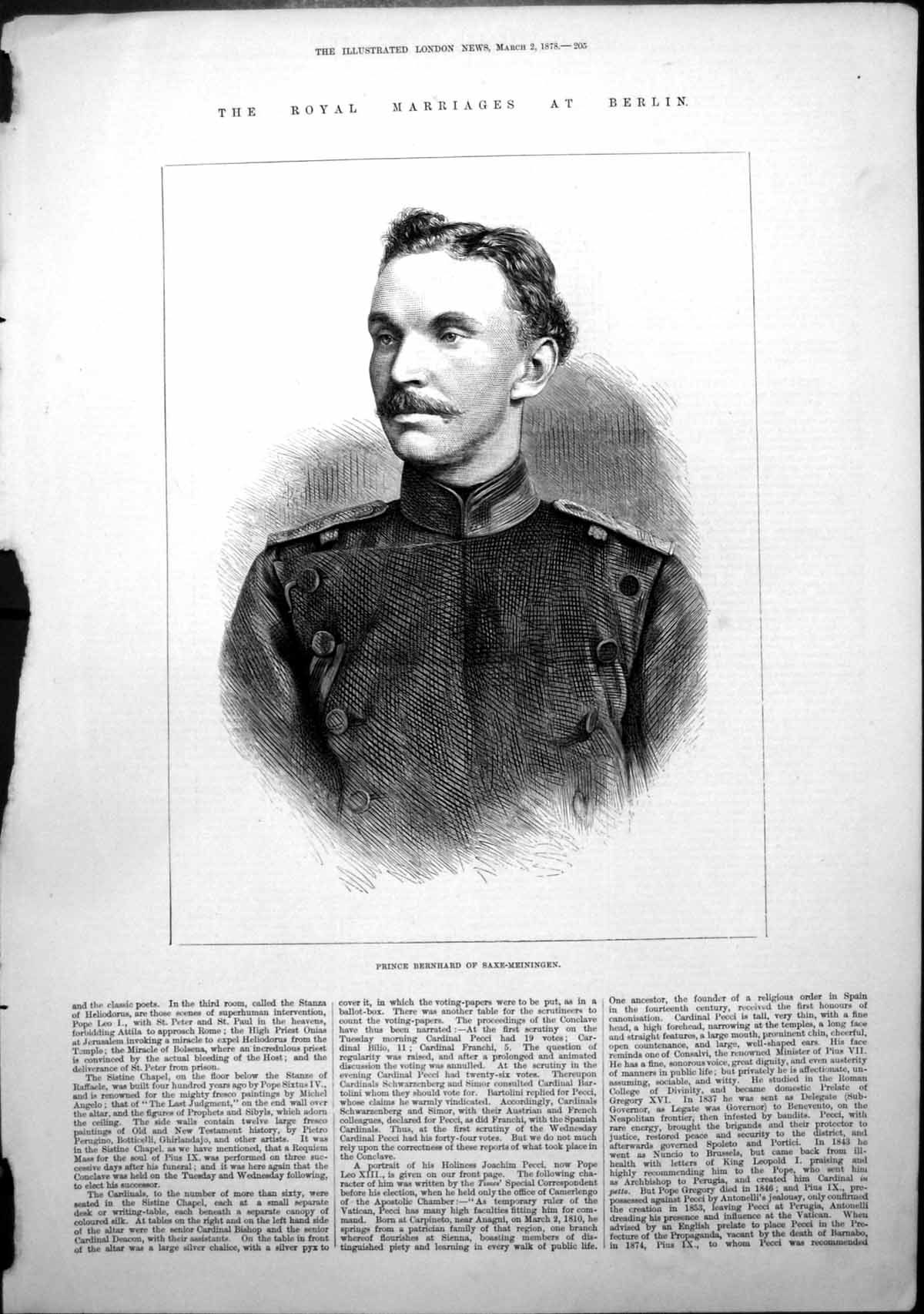 Antique Old Print Royal Marriage Berlin Prince Bernhard Saxe-Meiningen 1878