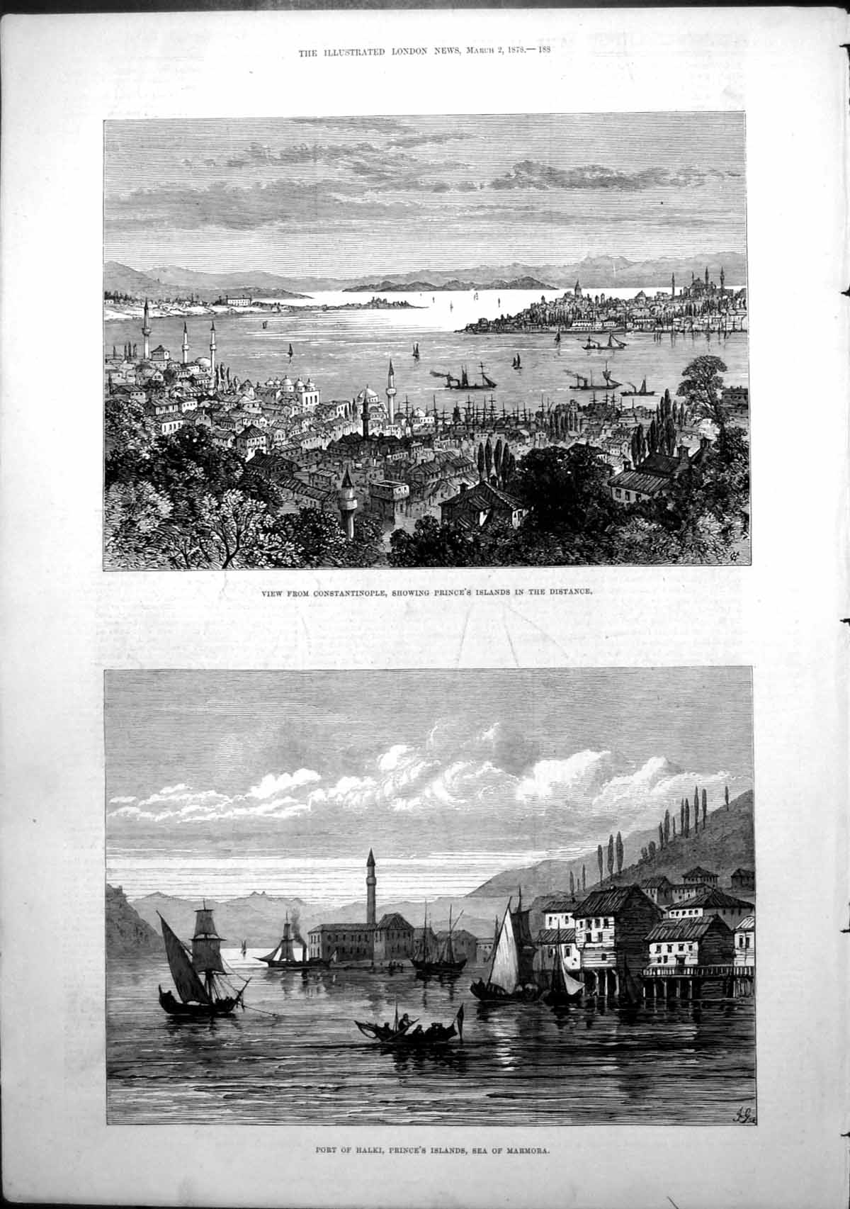 Antique Old Print Constantinople Princes Islands Port Halki Sea Marmora 1878
