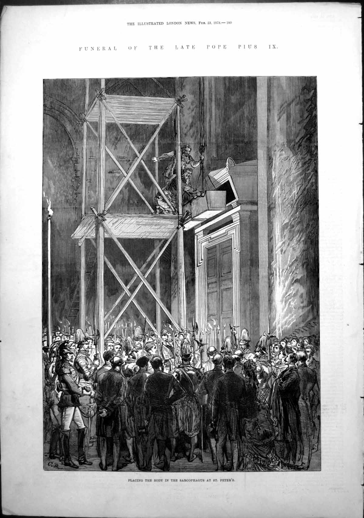 Antique Print Funeral Pope Pius Ix Placing Body Sarcophagus St Peters 1878 19th