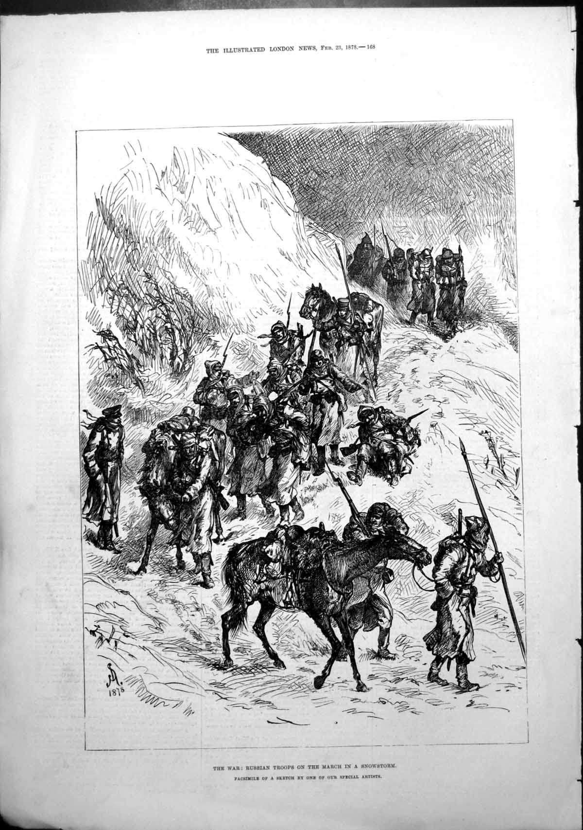 Original Old Antique Print War Russian Troops March Snowstorm 1878 Victorian