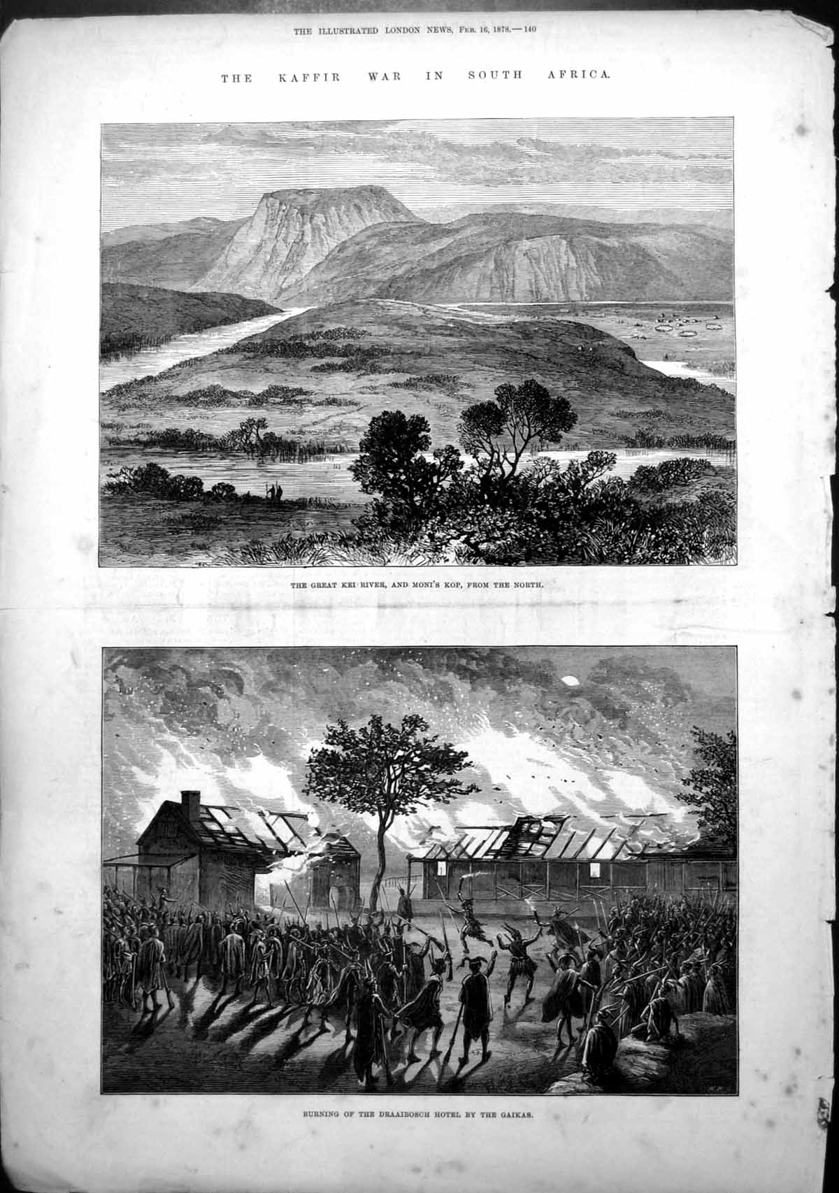 Antique Old Print Kaffir War Burning Draaibosch Hotel Gaikas Monis Kop 1878