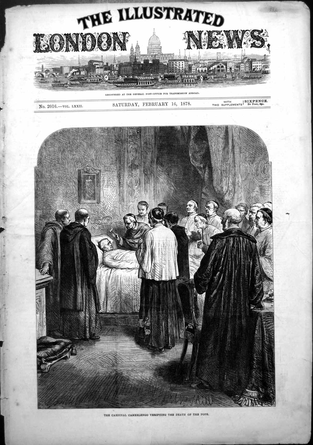 Original Old Antique Print Cardinal Camerlengo Verifying Death Pope 1878 19th