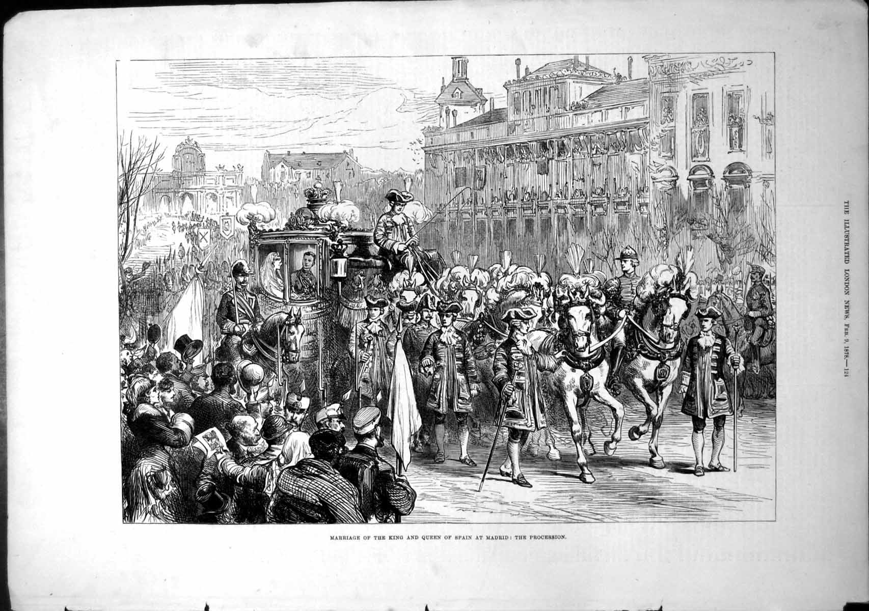 Original Old Antique Print Marriage King Queen Spain Madrid Procession 1878