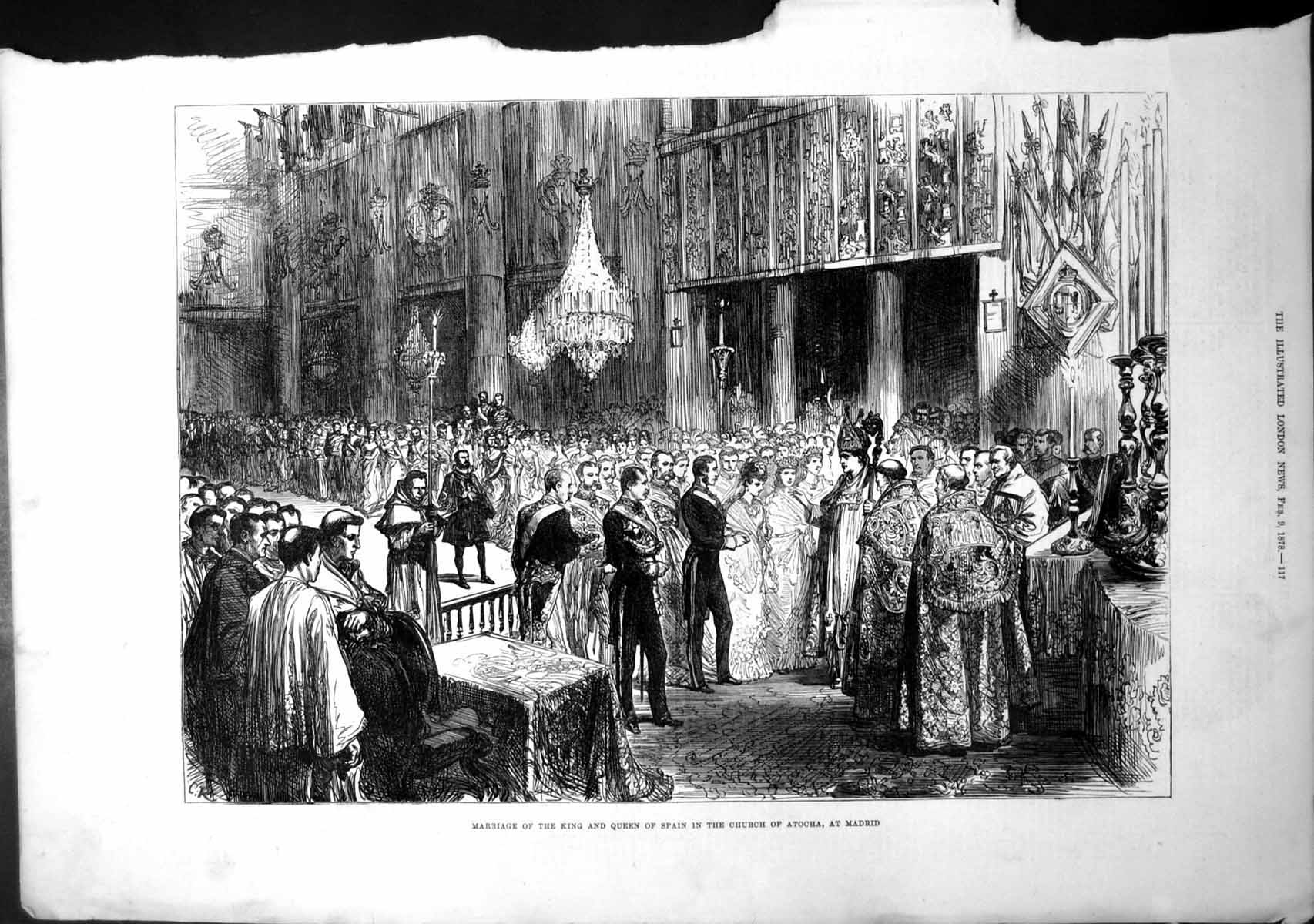 Original Old Antique Print Marriage King Queen Spain Church Atocha Madrid 1878