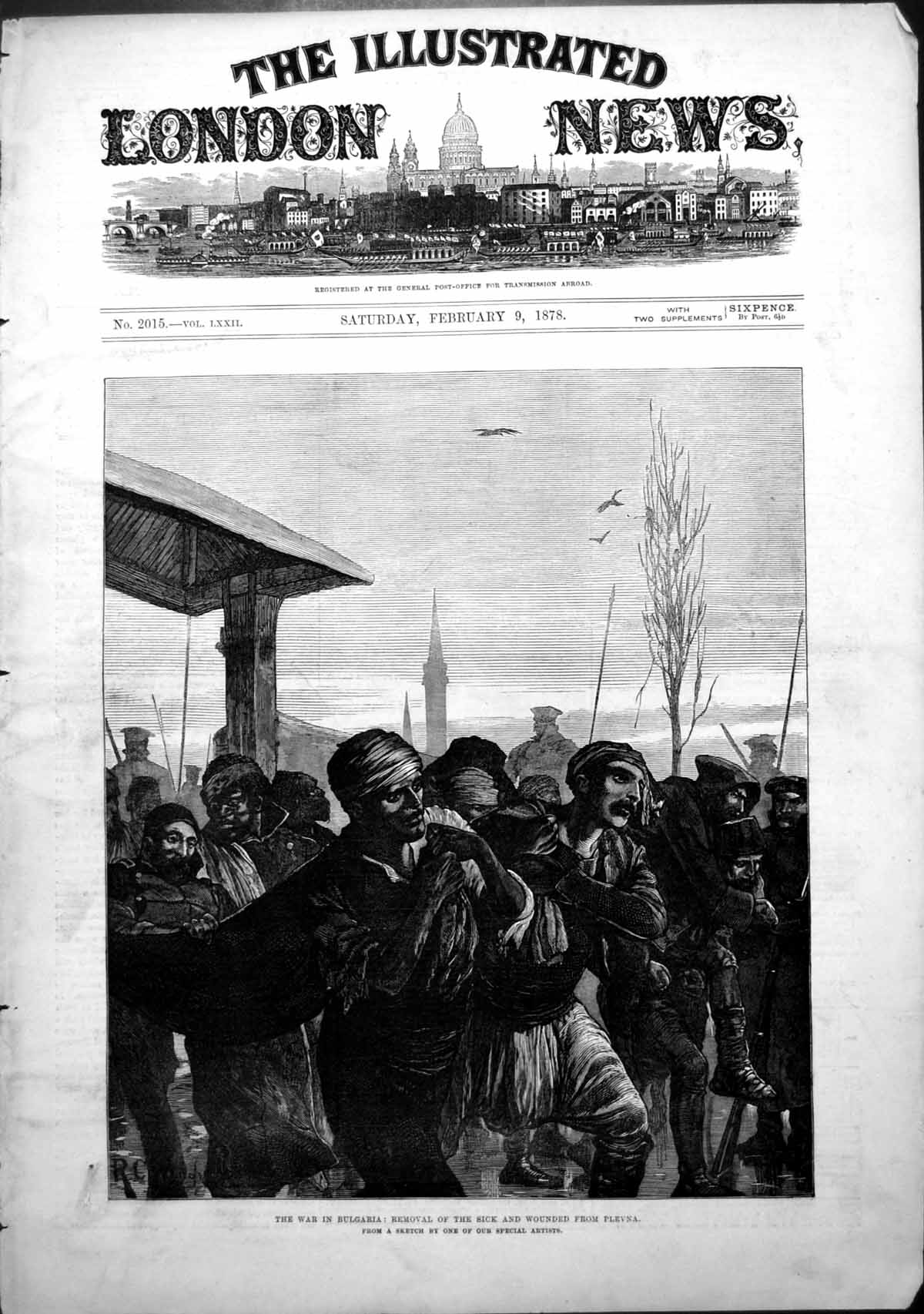 Original Old Antique Print War Bulgaria Removal Sick Wounded From Plevna 1878