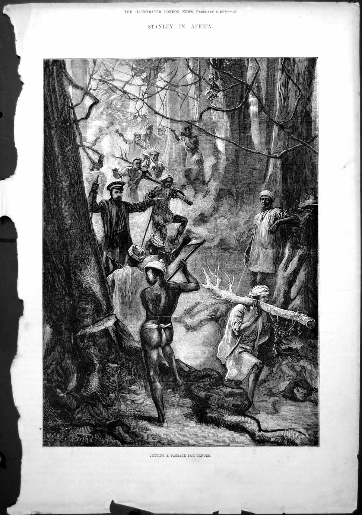 Original Old Antique Print Stanley Africa Cutting Passage For Canoes 1878 19th