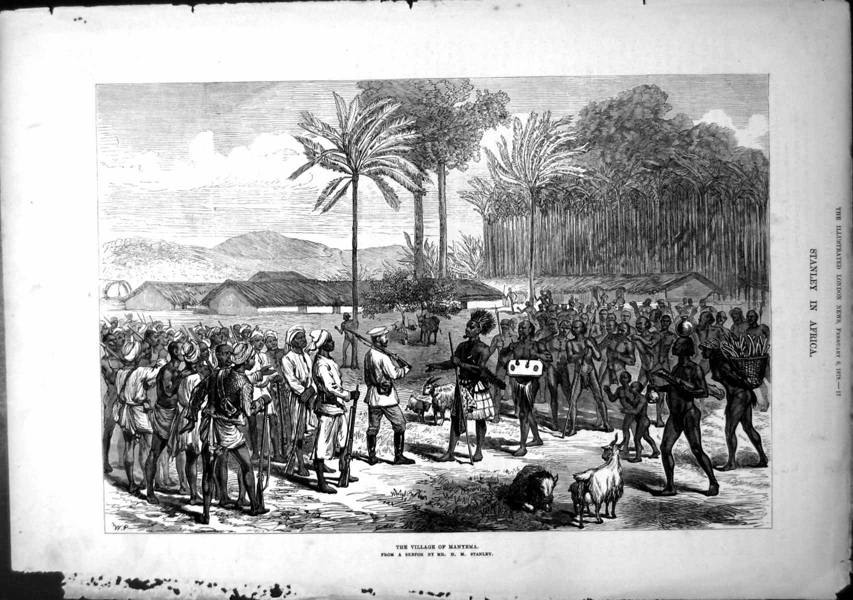 Old Antique Print Stanley Africa Village Manyemanatives Chief Goats 1878 19th