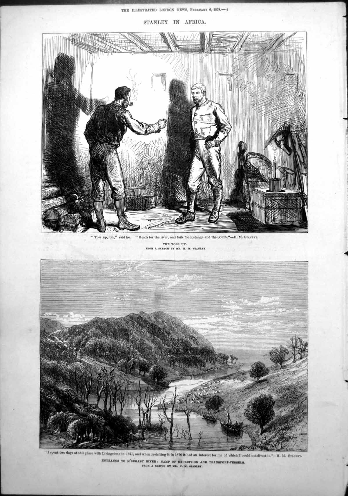 Old Print Stanley Africa Toss Up Route Entrance M'Sehazy River Camp 1878 19th