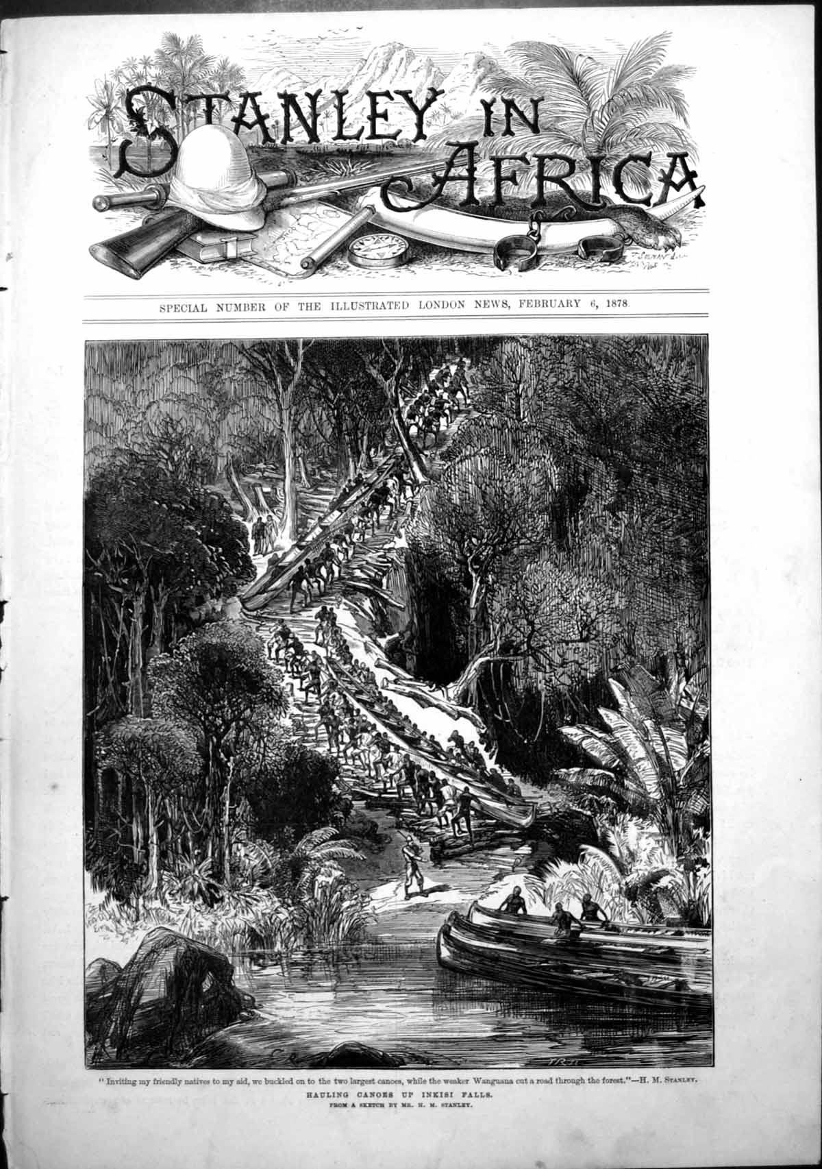 Antique Print Stanley Africa Hauling Canoes Inkisi Falls Wanguana Road 1878