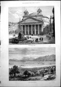 Original Old Antique Print Pantheon Rome Vourla Gulf Smyrna Ships Bay 1878 19th