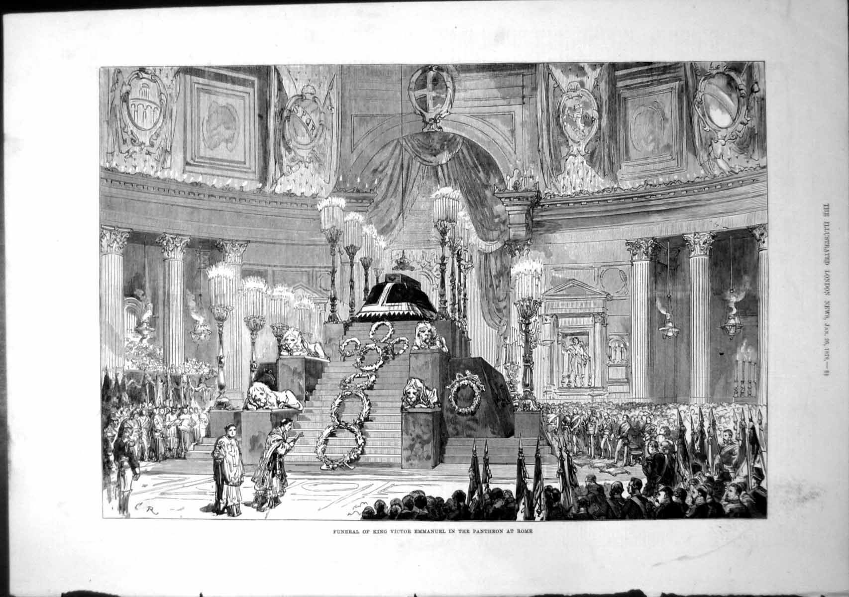 Original Old Antique Print Funeral King Victor Emmanuel Pantheon Rome 1878 19th