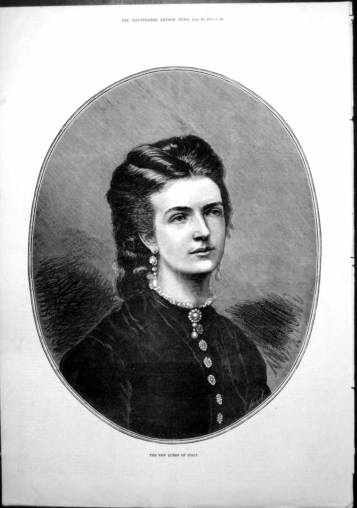 Original Old Antique Print Portrait New Queen Italy Margaret 1878 Victorian