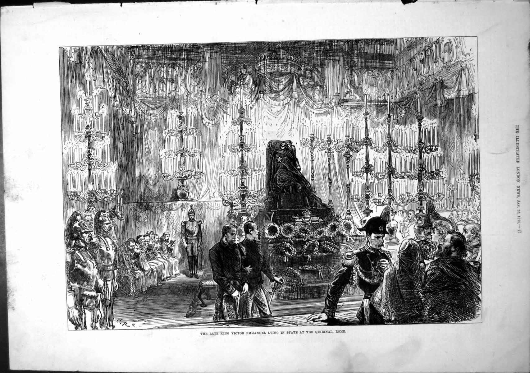 Old Antique Print Late King Victor Emmanuel Lying State Quirnal Rome 1878 19th