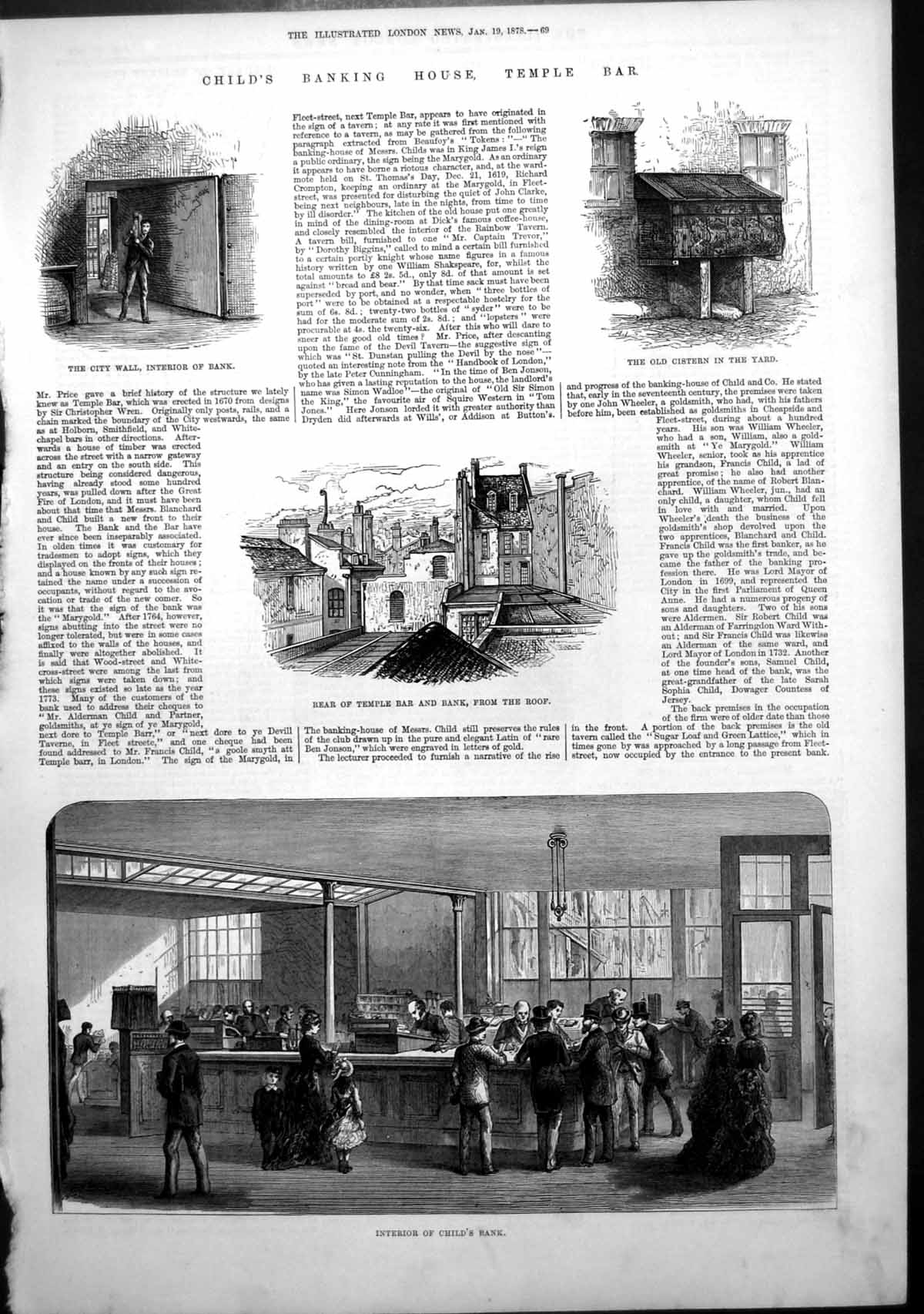 Old Antique Print Childs Banking House Temple Bar City Wall Cistern 1878 19th