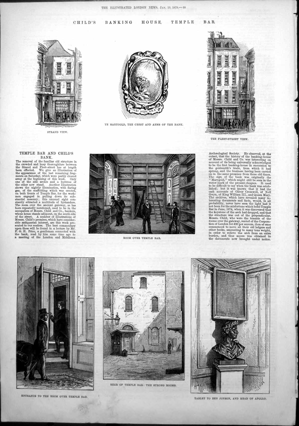 Old Antique Print Childs Banking House Temple Bar Ye MarygCrest Arms 1878 19th