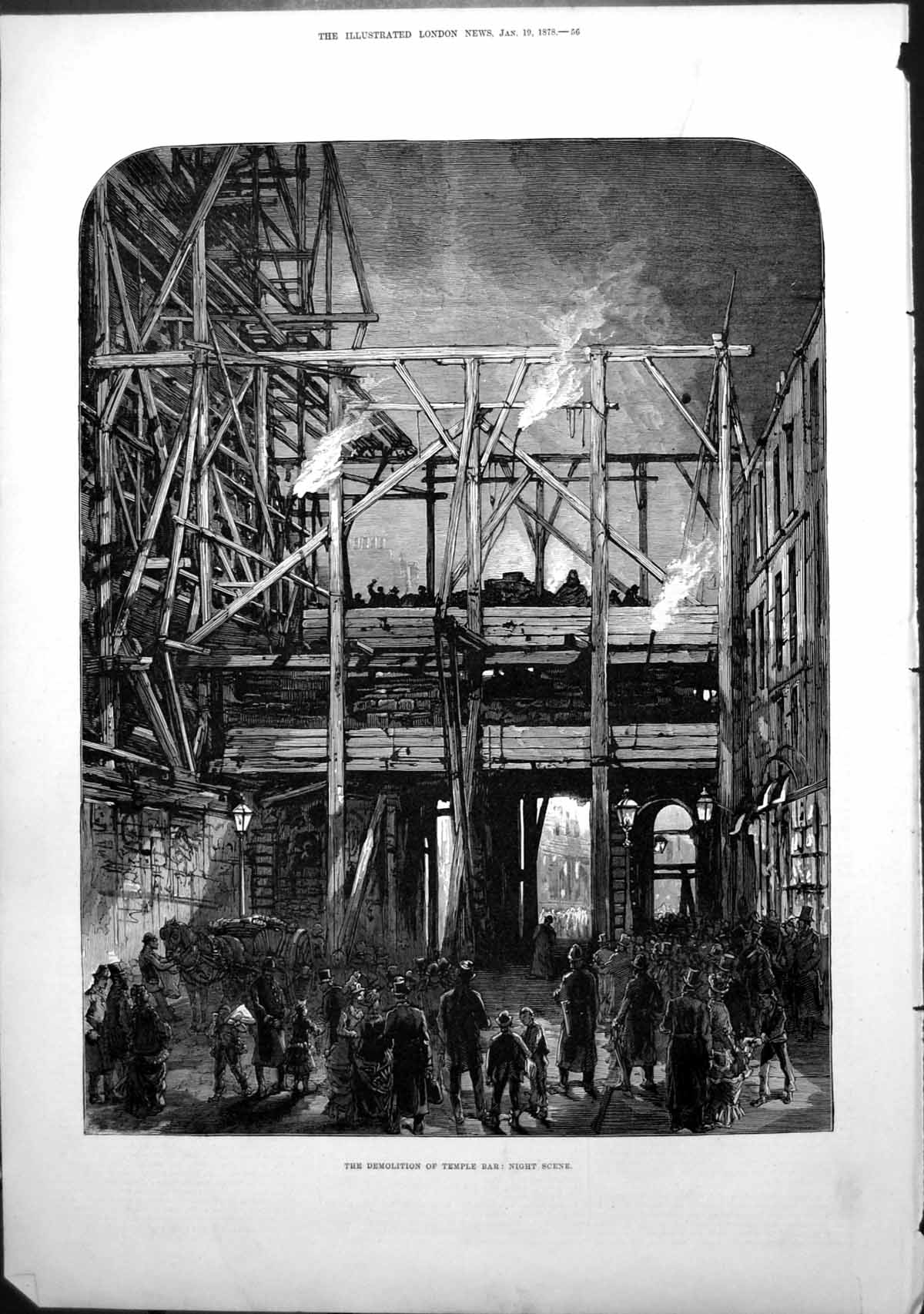 Original Old Antique Print Demolition Temple Bar Night Scene Onlookers 1878