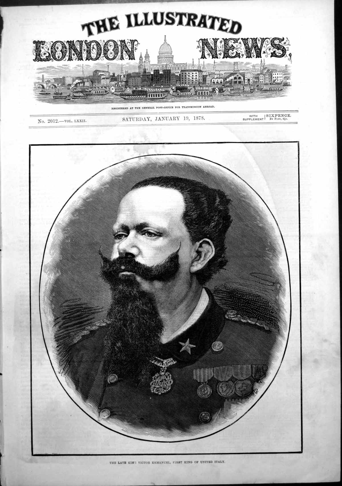 Old Antique Print Late King Victor Emmanuel First King United Italy 1878 19th
