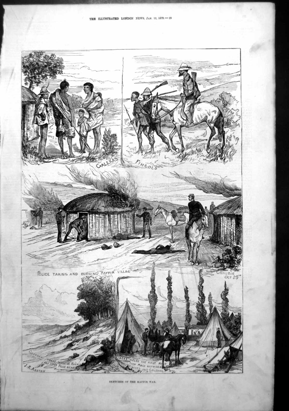Old Print Sketches Kaffir War Galekas Fincoes Police Burning Village 1878 19th