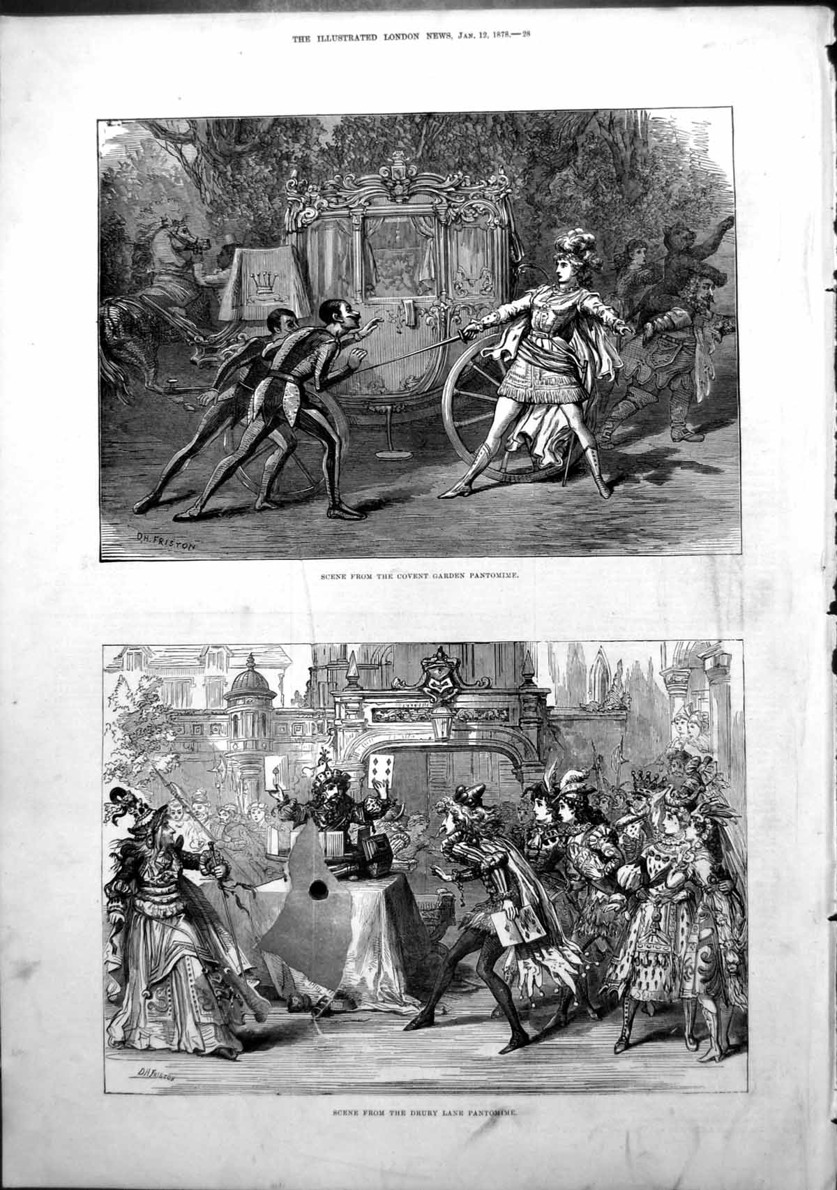 Old Antique Print Scene Covent Garden Pantomine Drury Lane Pantomine 1878 19th