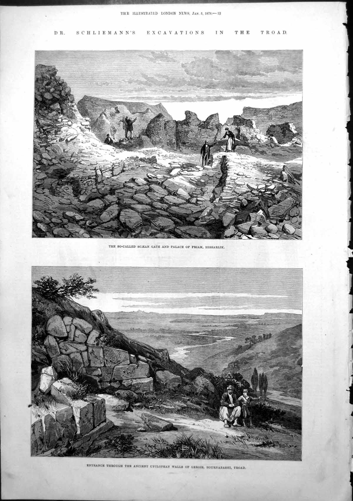 Antique Old Print Schliemanns Excavations Troad Scaean Gate Palace Priam 1878
