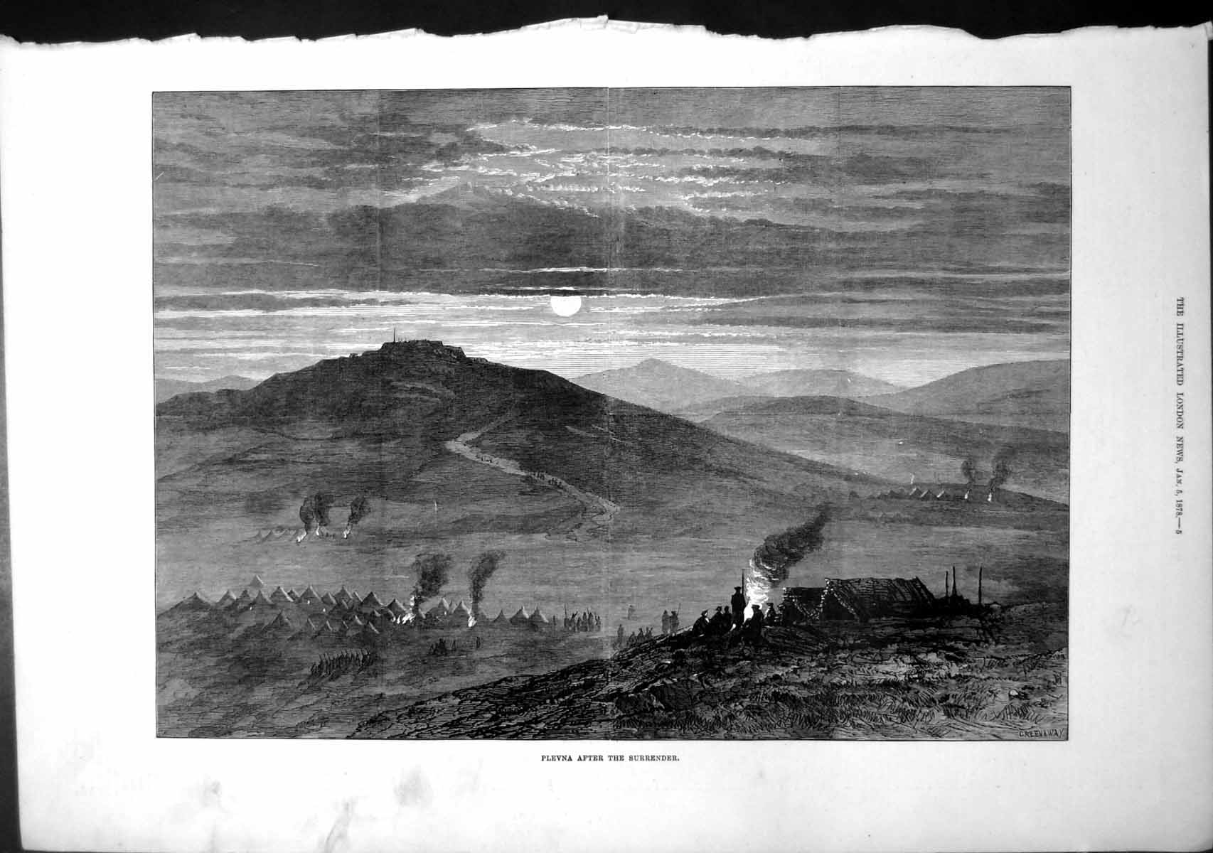 Original Old Antique Print Plevna After Surrender Camp Tents Fires 1878 19th