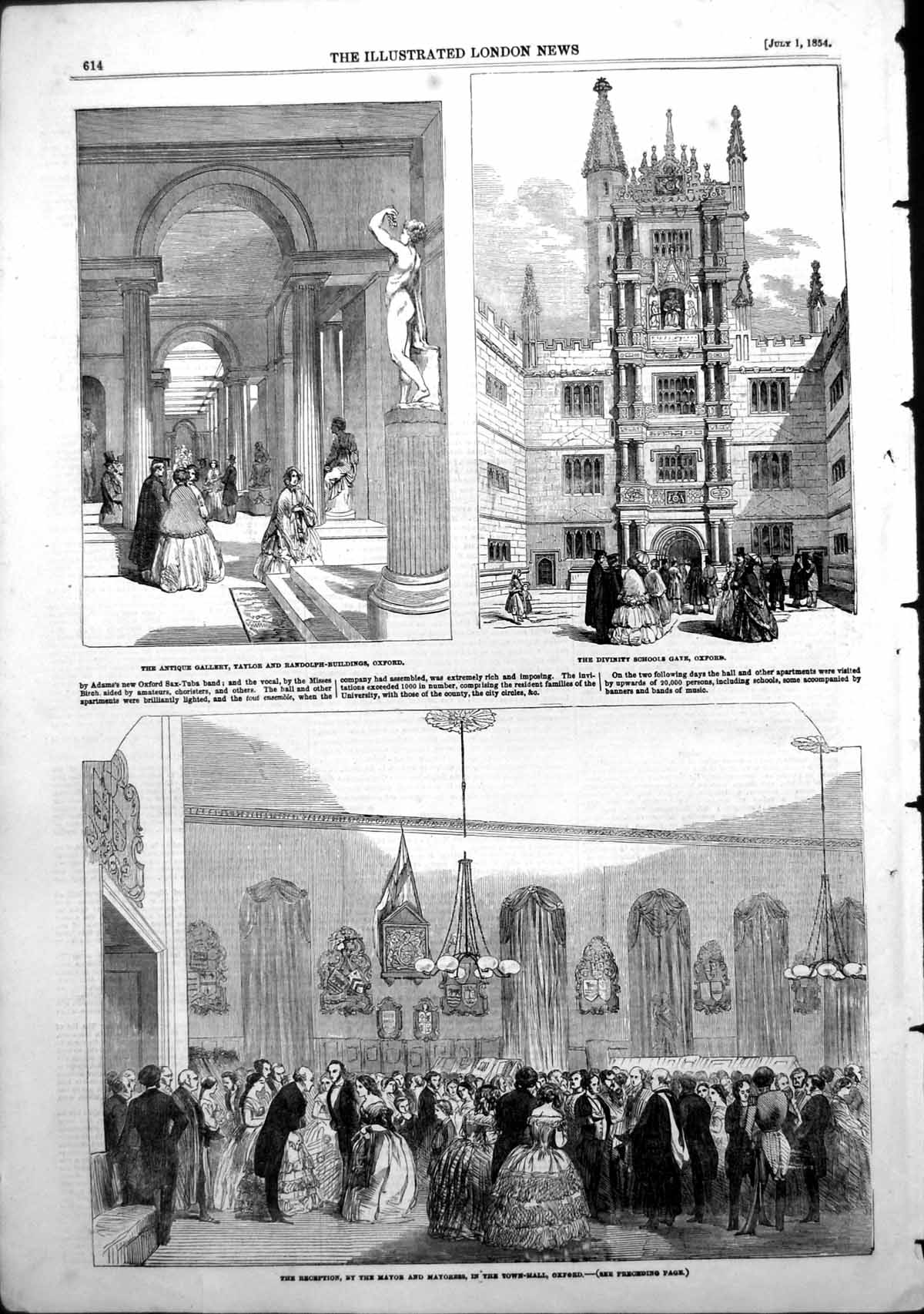 Original Old Antique Print Oxford Gallery Divinity Schools Gate Reception 1854