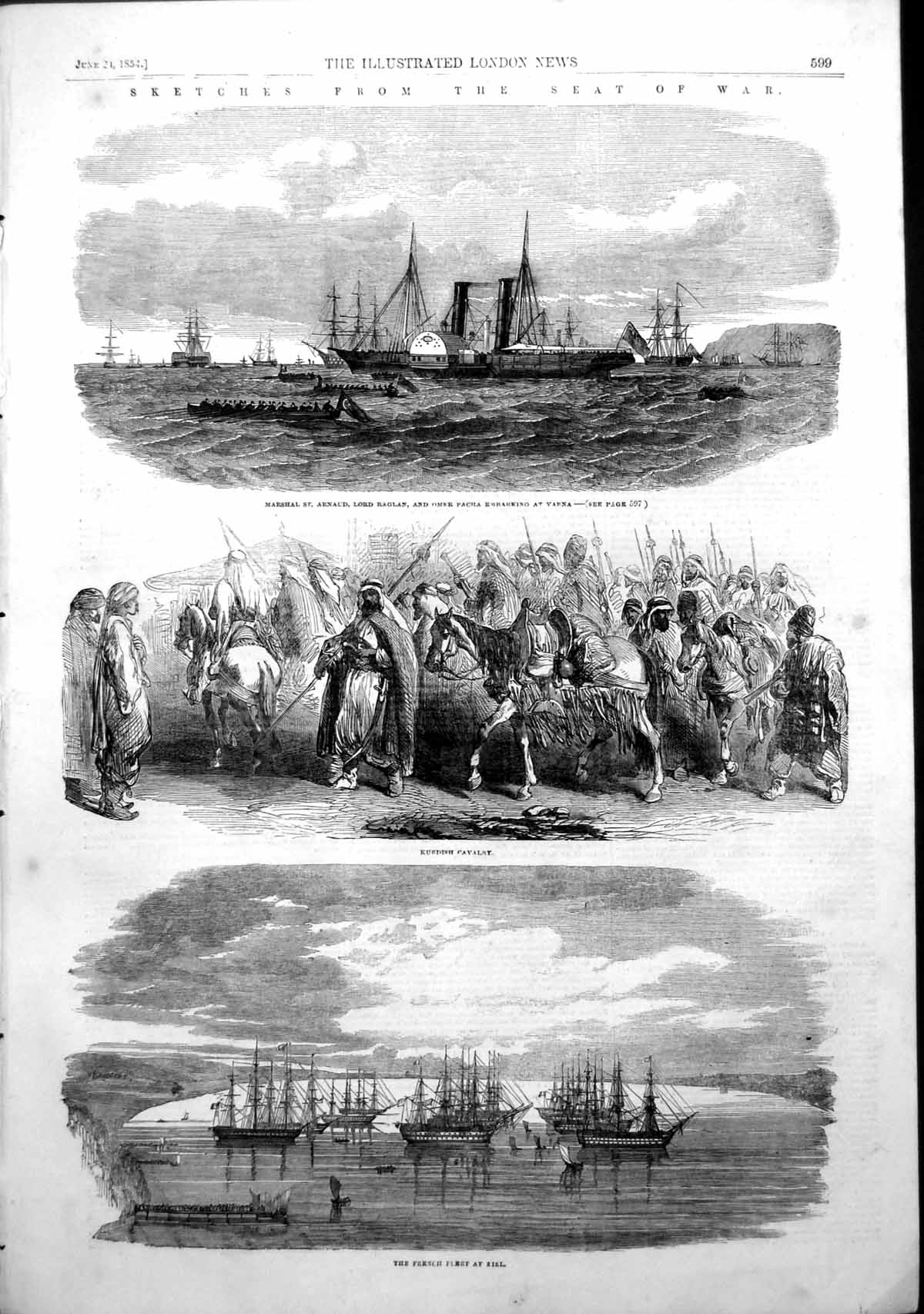 Antique Old Print Lord Raglan Omer Pacha Varna French Fleet Kirl Cavalry 1854