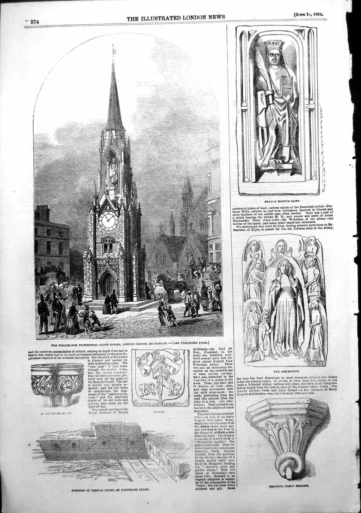 Antique Print Wellington Clock Tower Southwark Vessels Fountains Abbey1854 19th