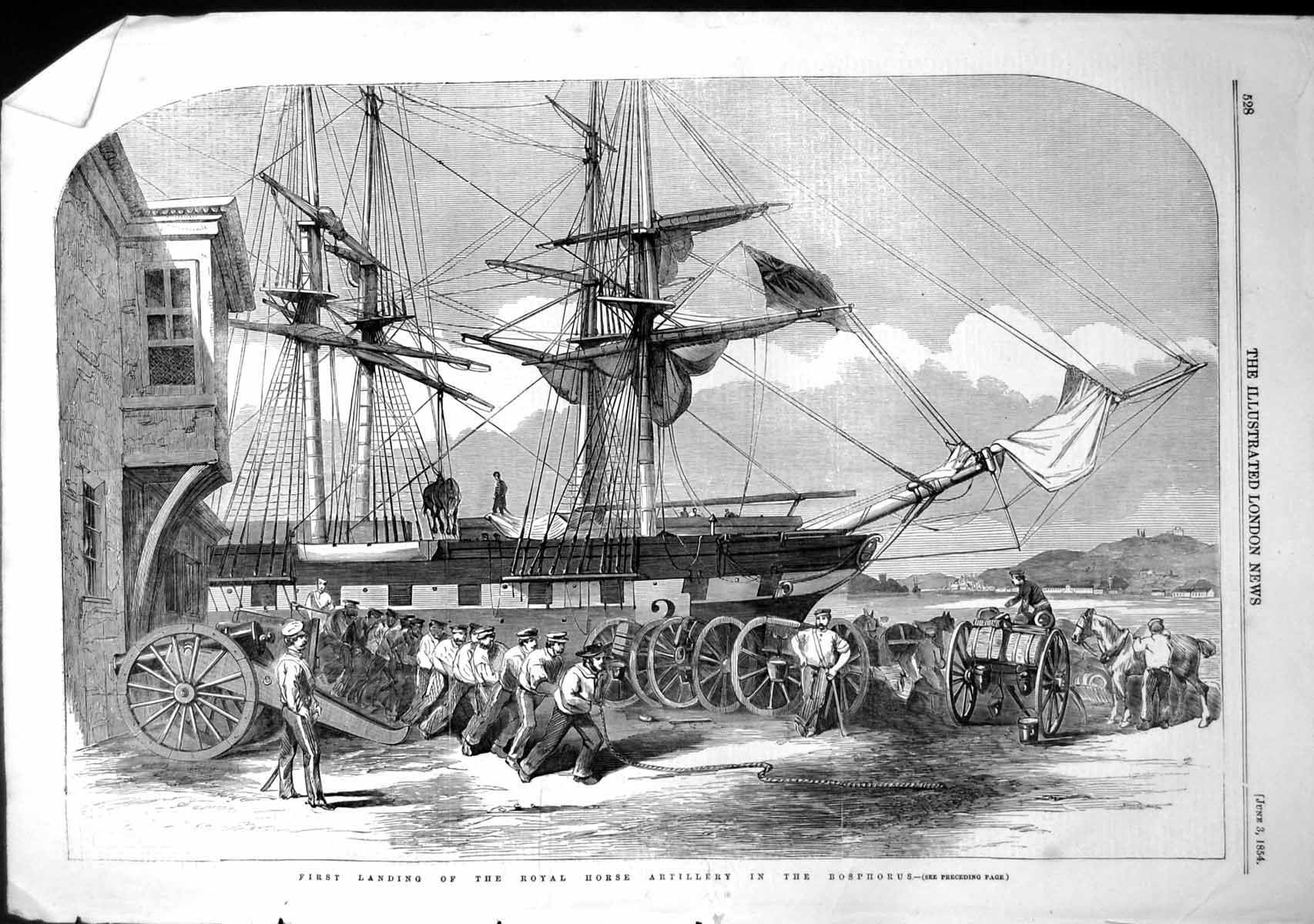Original Old Antique Print First Landing Royal Horse Artillery Bosphorus 1854