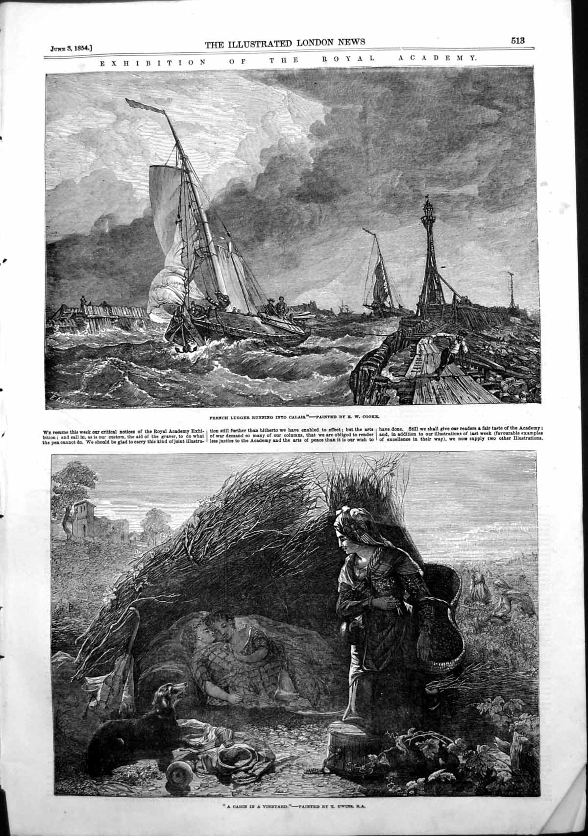Old Print Cabin Vineyard T Uwins French Lugger Running Calais E Cooke1854 19th