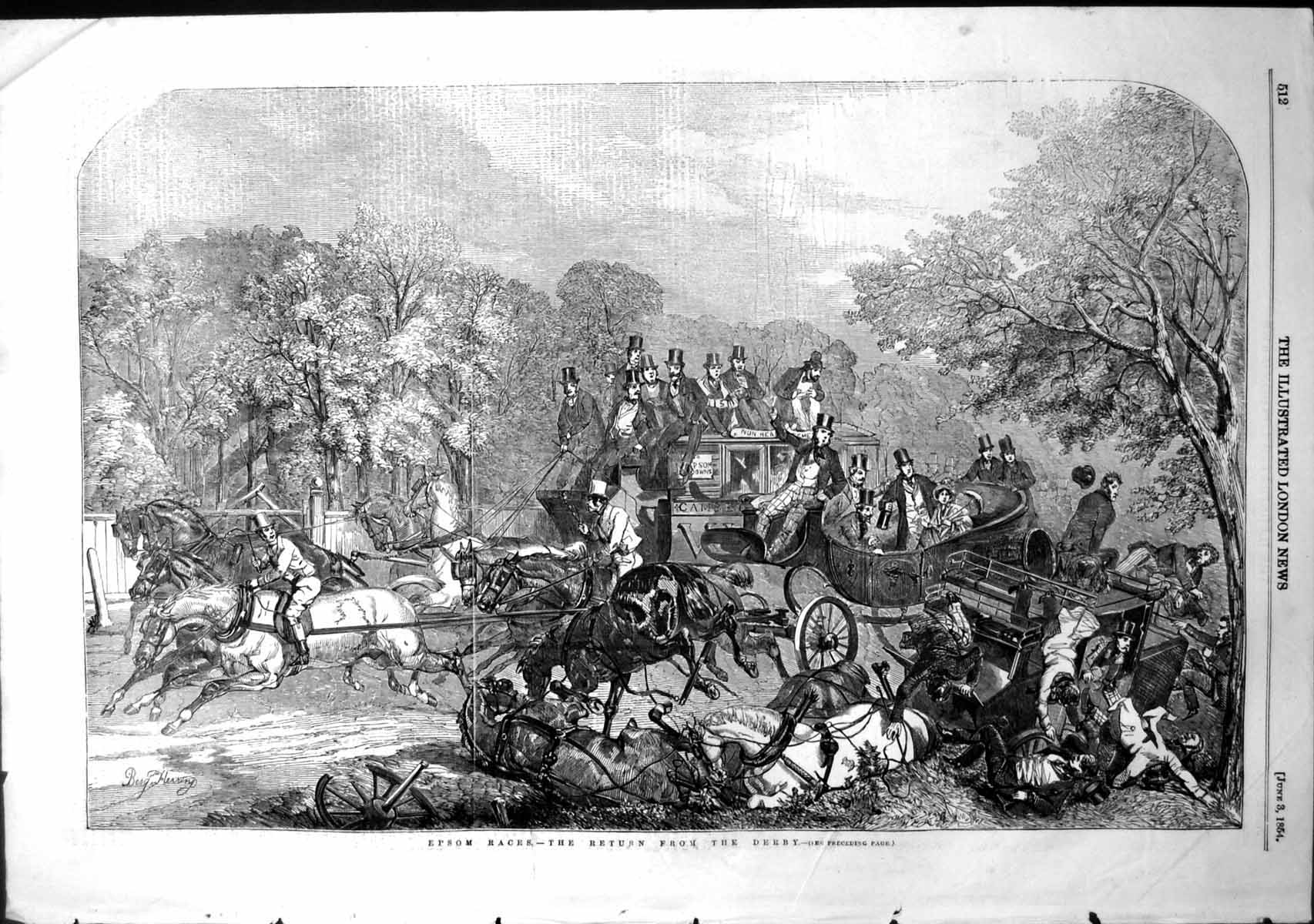 Antique Old Print Epsom Races Return From Derby Horses Carriages Race 1854 19th