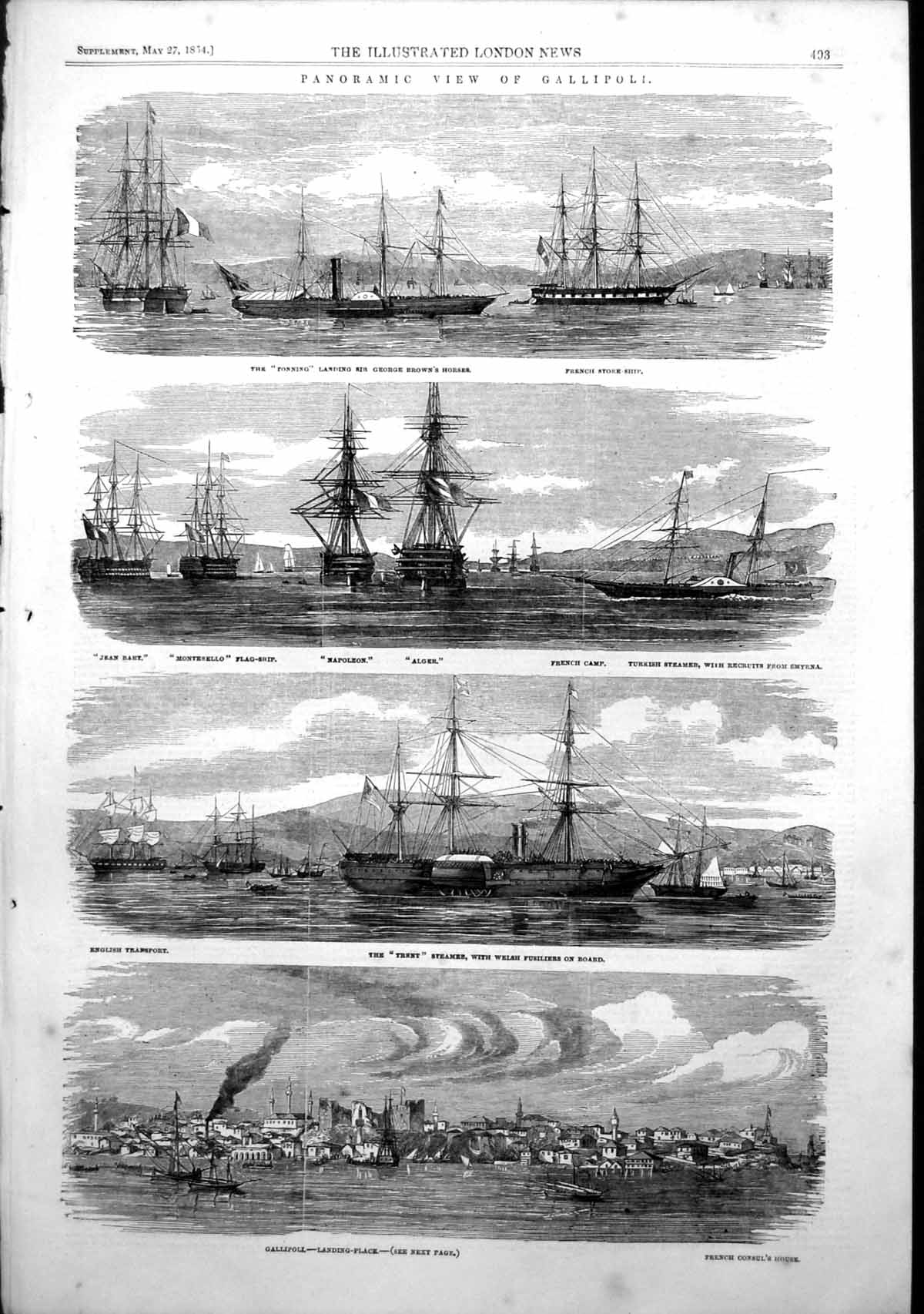 Antique Old Print Panoramic View Gallipoli Trent Steamer Napoleon Alger 1854