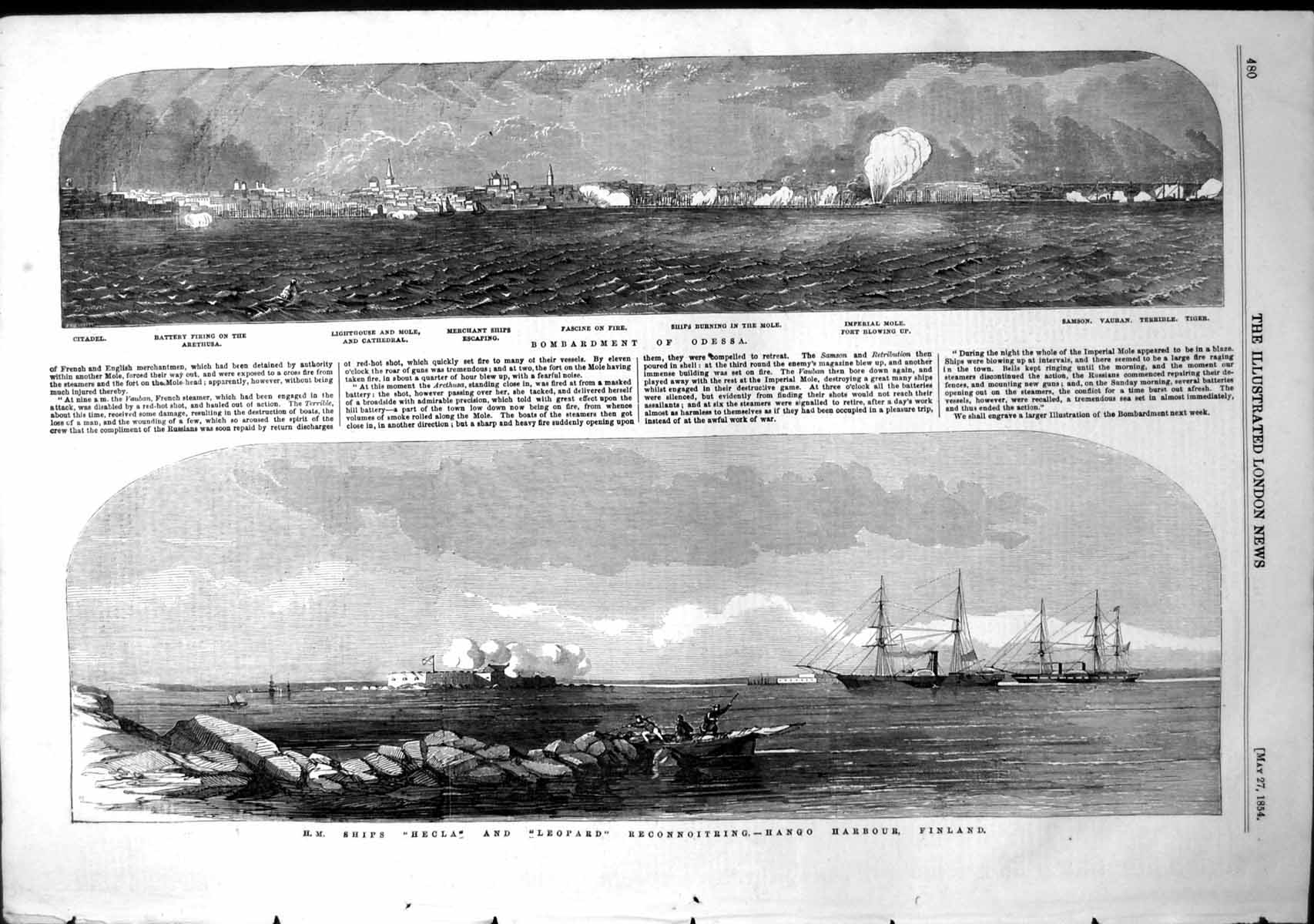 Antique Old Print Hm Hecla Leopard Reconnoitring Hango Harbour Finland 1854