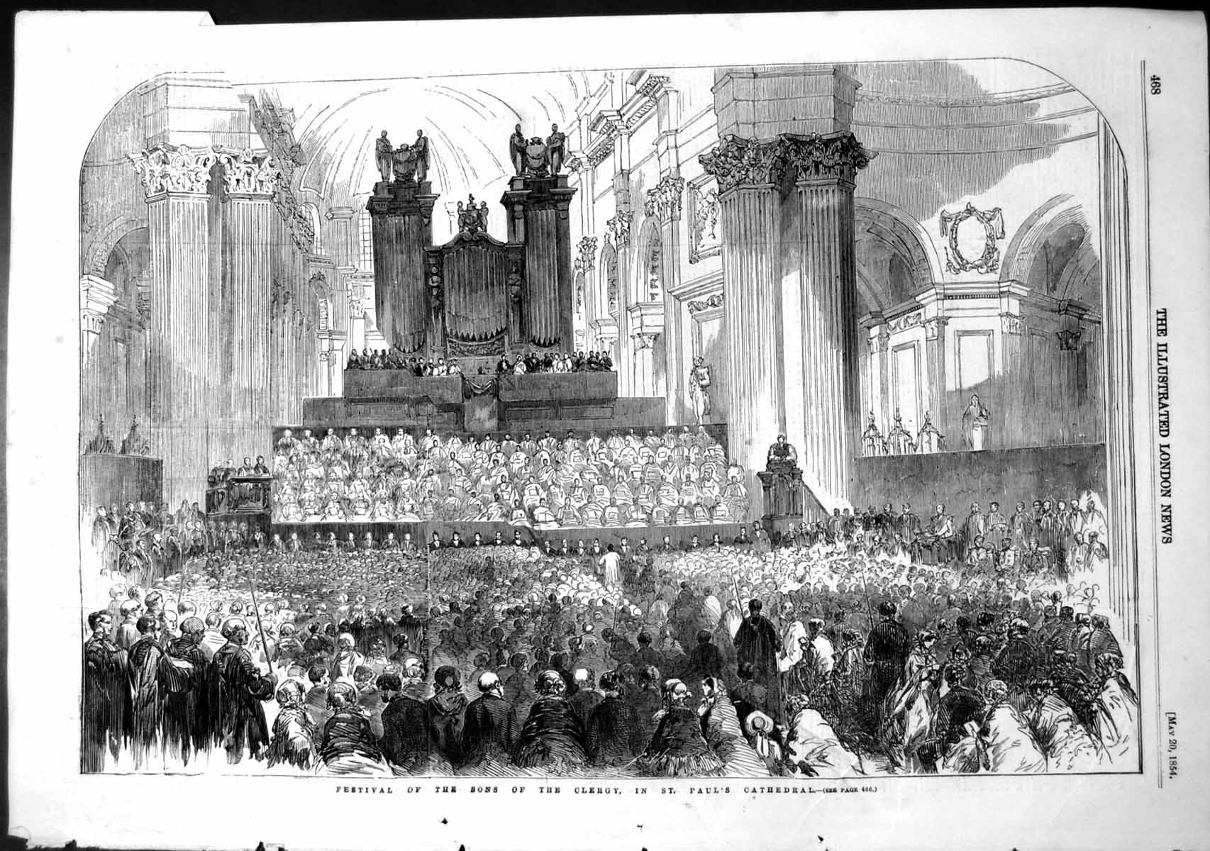 Original Old Antique Print Festival Sons Clergy St Pauls Cathedral 1854 19th