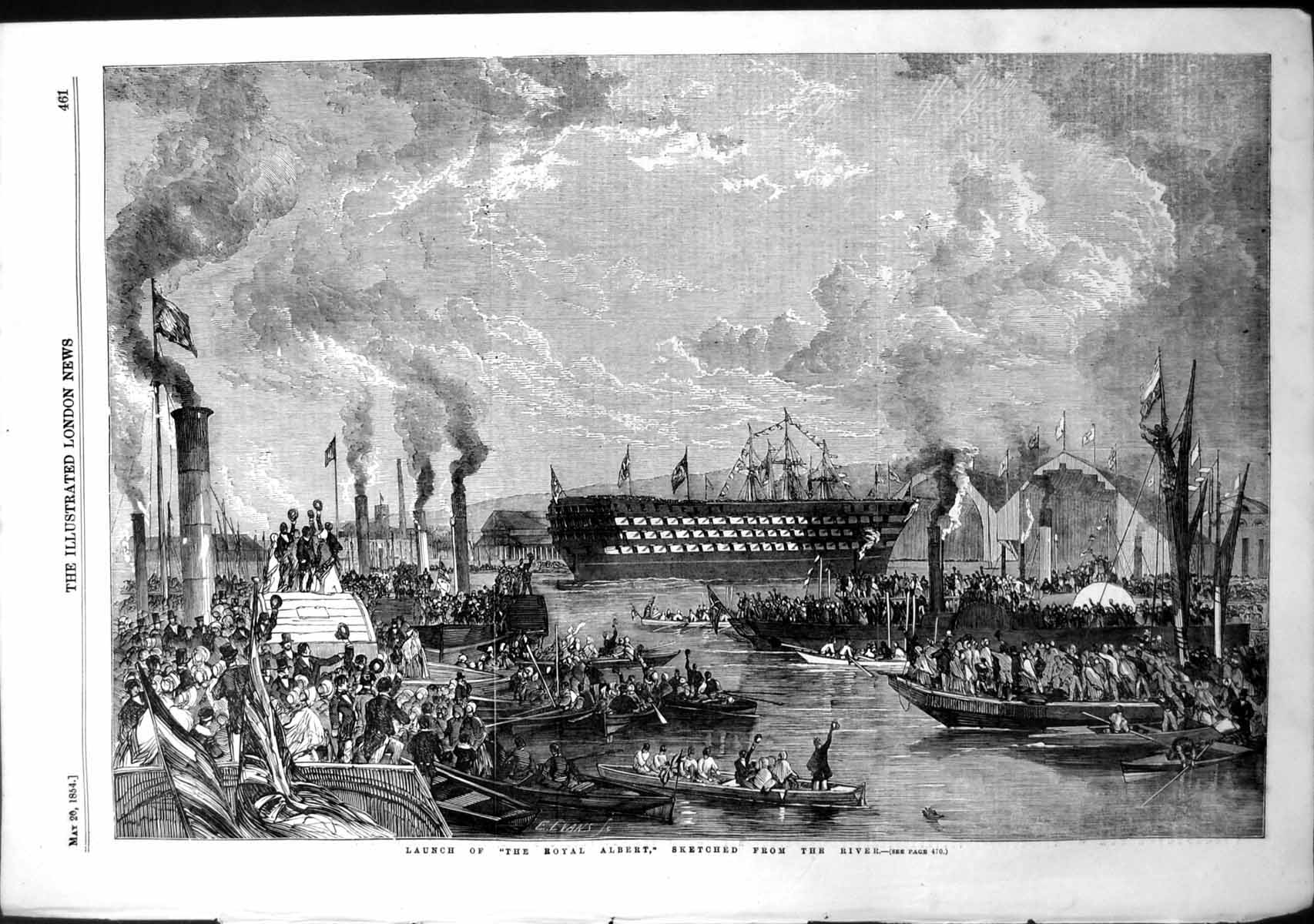 Original Old Antique Print Launch Royal Albert Sketched From River 1854 19th