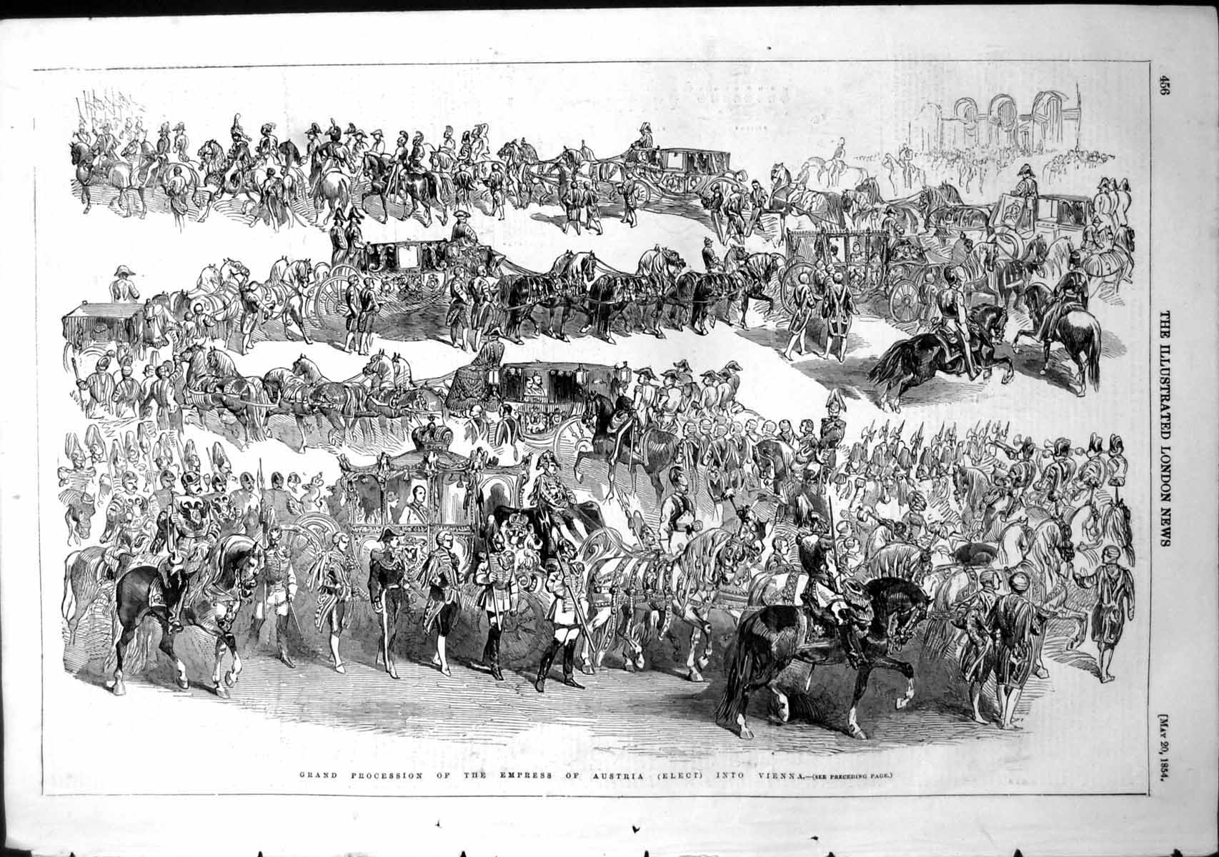 Old Antique Print Grand Procession Empress Austria Elect Into Vienna 1854 19th