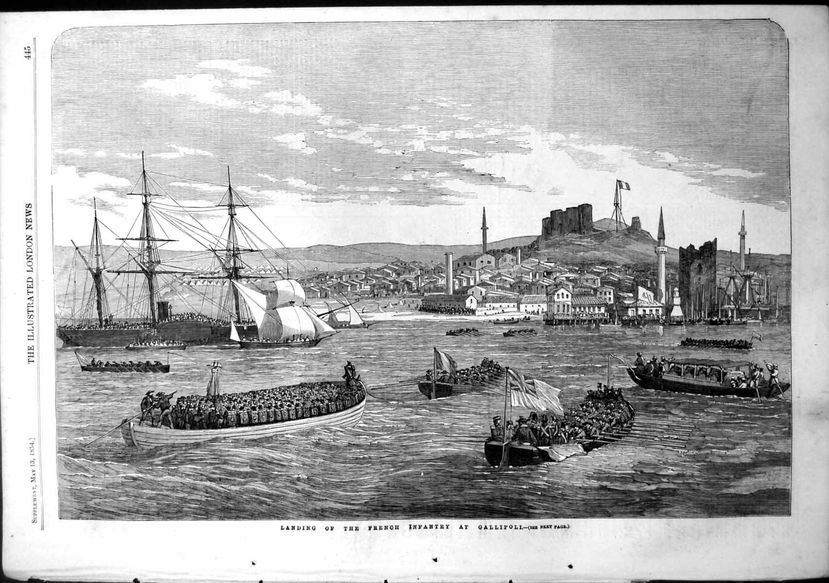 Antique Old Print Landing French Infantry Gallipoli Boats Crowded Siers 1854