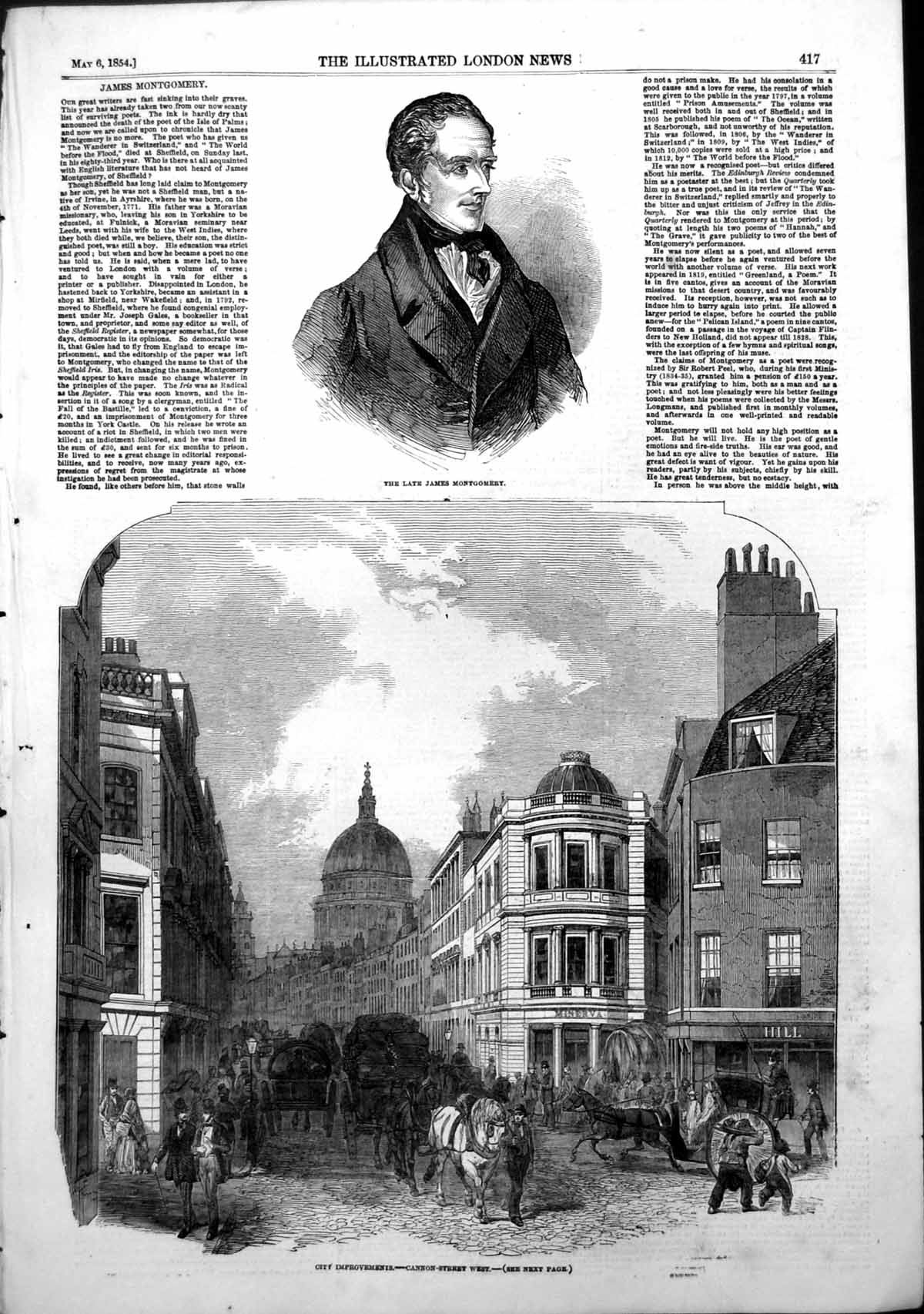 Antique Old Print James Montgomery Poet City Improvements Canon St West 1854