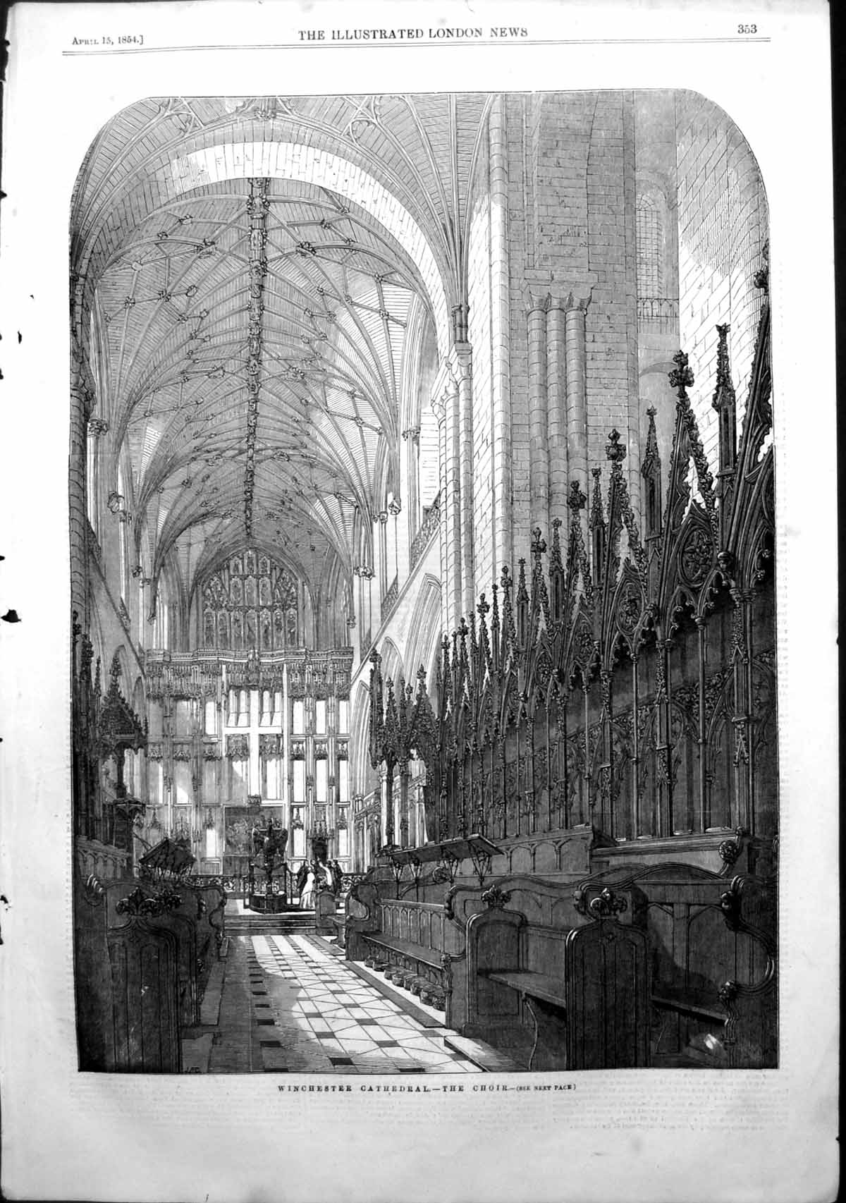Old Print Winchester Cathedral The Choir Ecclesiastical Architecture 1854 19th