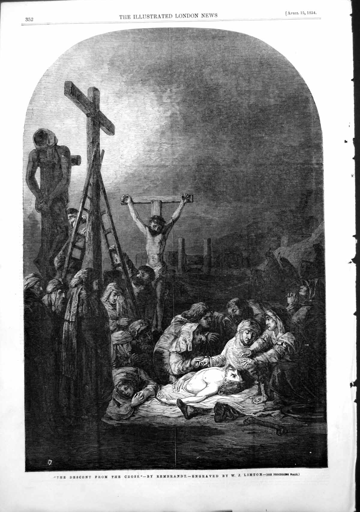 Old Antique Print Descent From Cross Rembrandt Engraved W J Linton 1854 19th