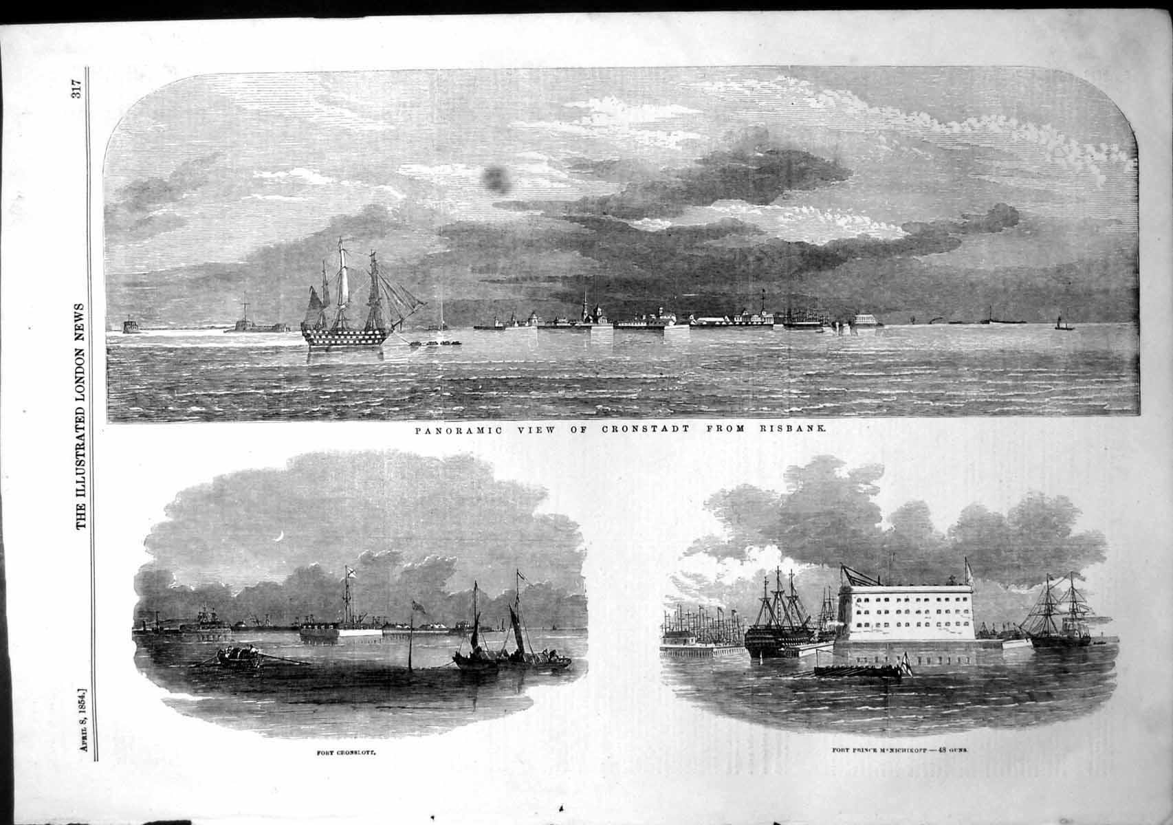 Original Old Antique Print Panoramic View Cronstadt Risbank Fort Cronslott 1854