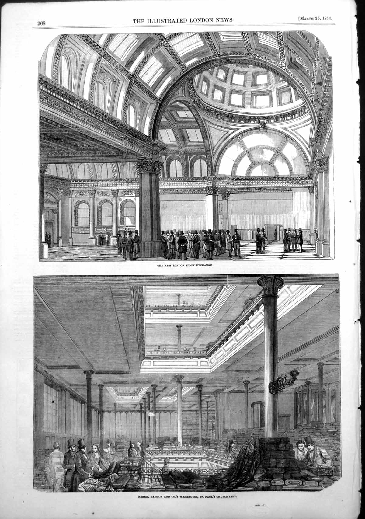 Original Old Antique Print London Stock Exchange Pawson Warehouse St Pauls 1854