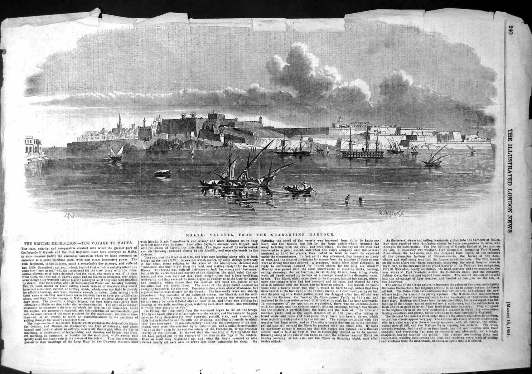 Original Old Antique Print Malta Valetta From Quarantine Harbour 1854 Victorian