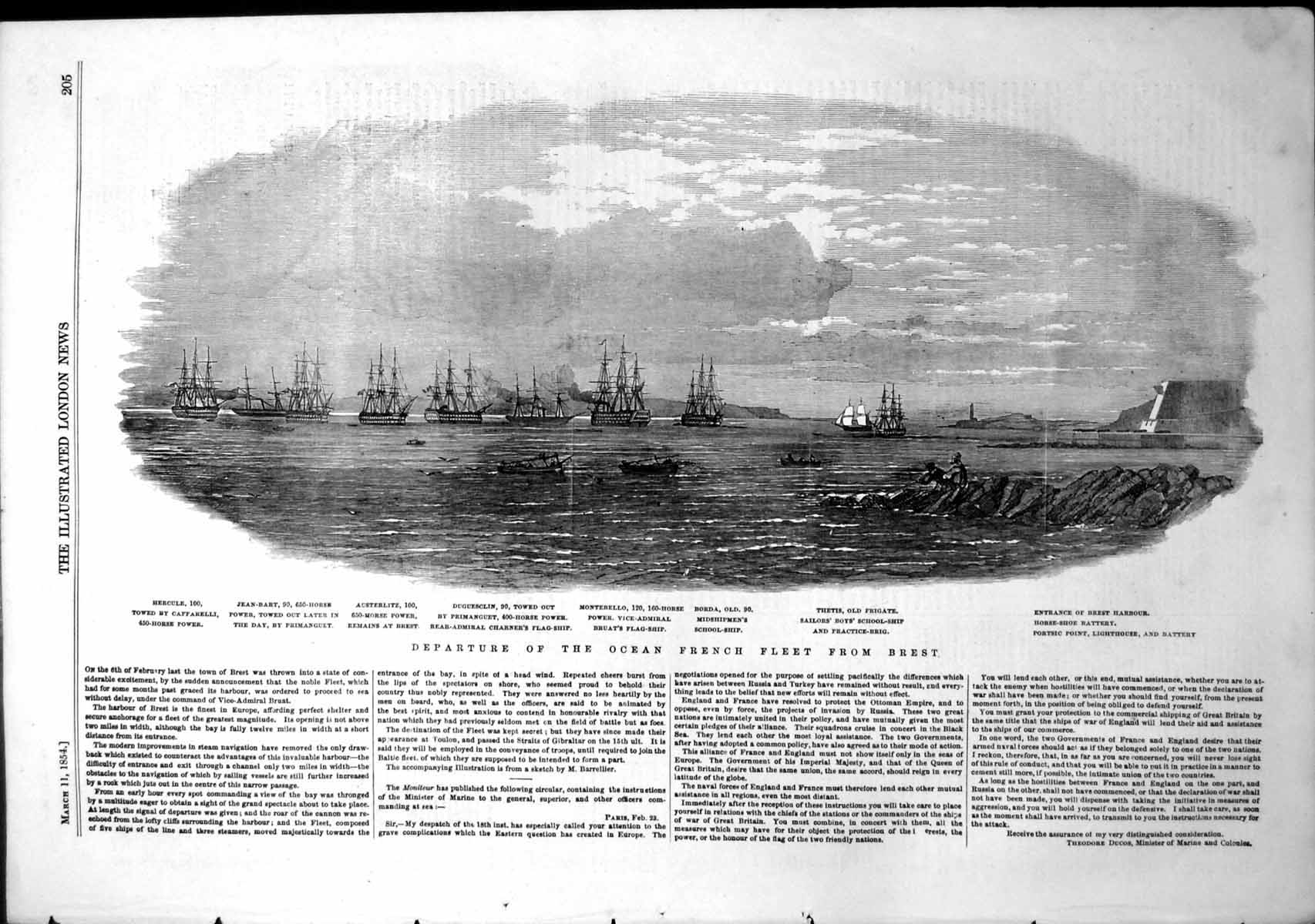 Antique Old Print Departure Ocean French Fleet From Brest Thetis Borda 1854