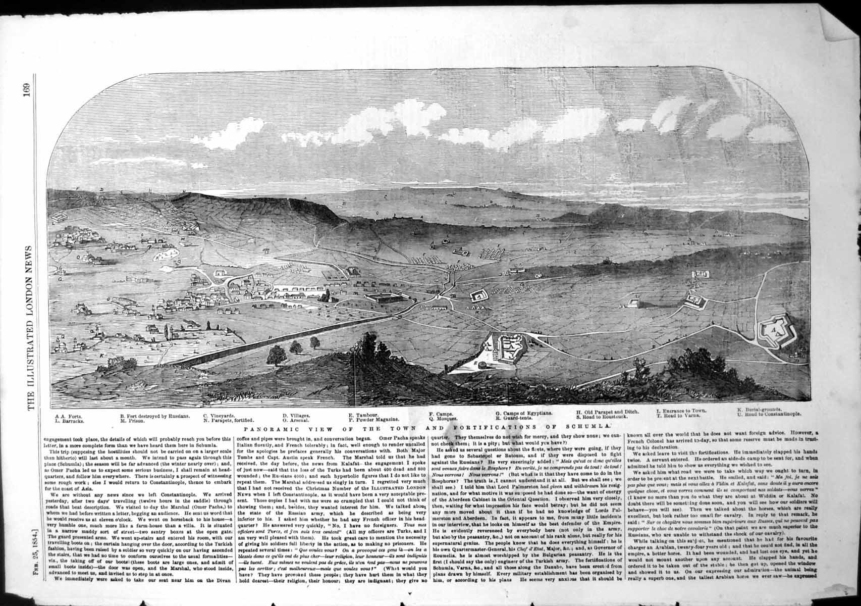 Antique Old Print Panoramic View Town Fortifications Schumla Vineyards 1854