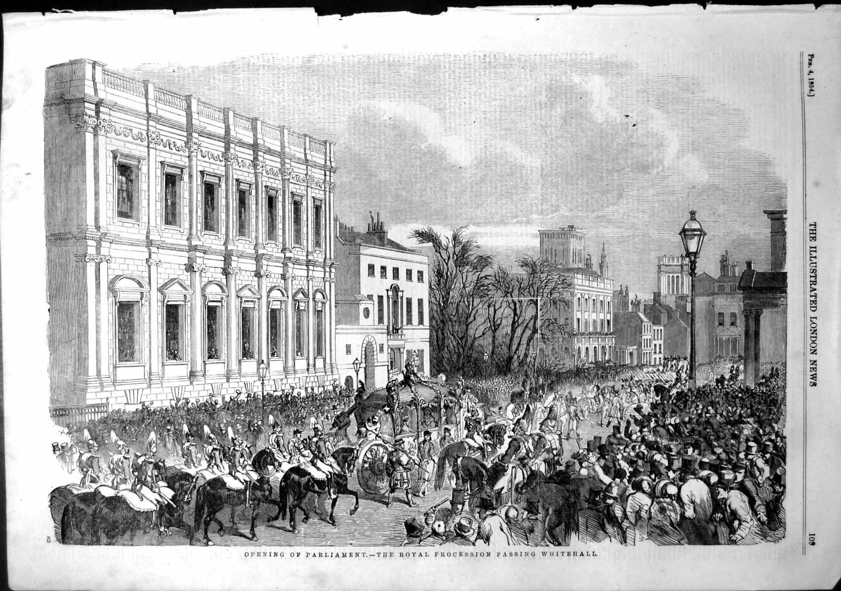 Antique Old Print Opening Parliament Royal Procession Passing Whitehall 1854