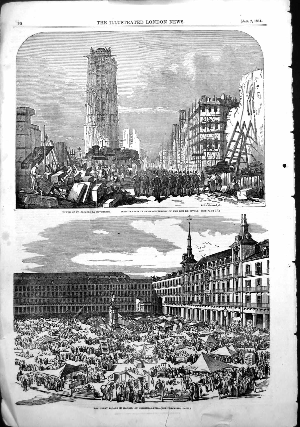 Old Antique Print Tower St Jacques La Boucherie Great Square Madrid 1854 19th