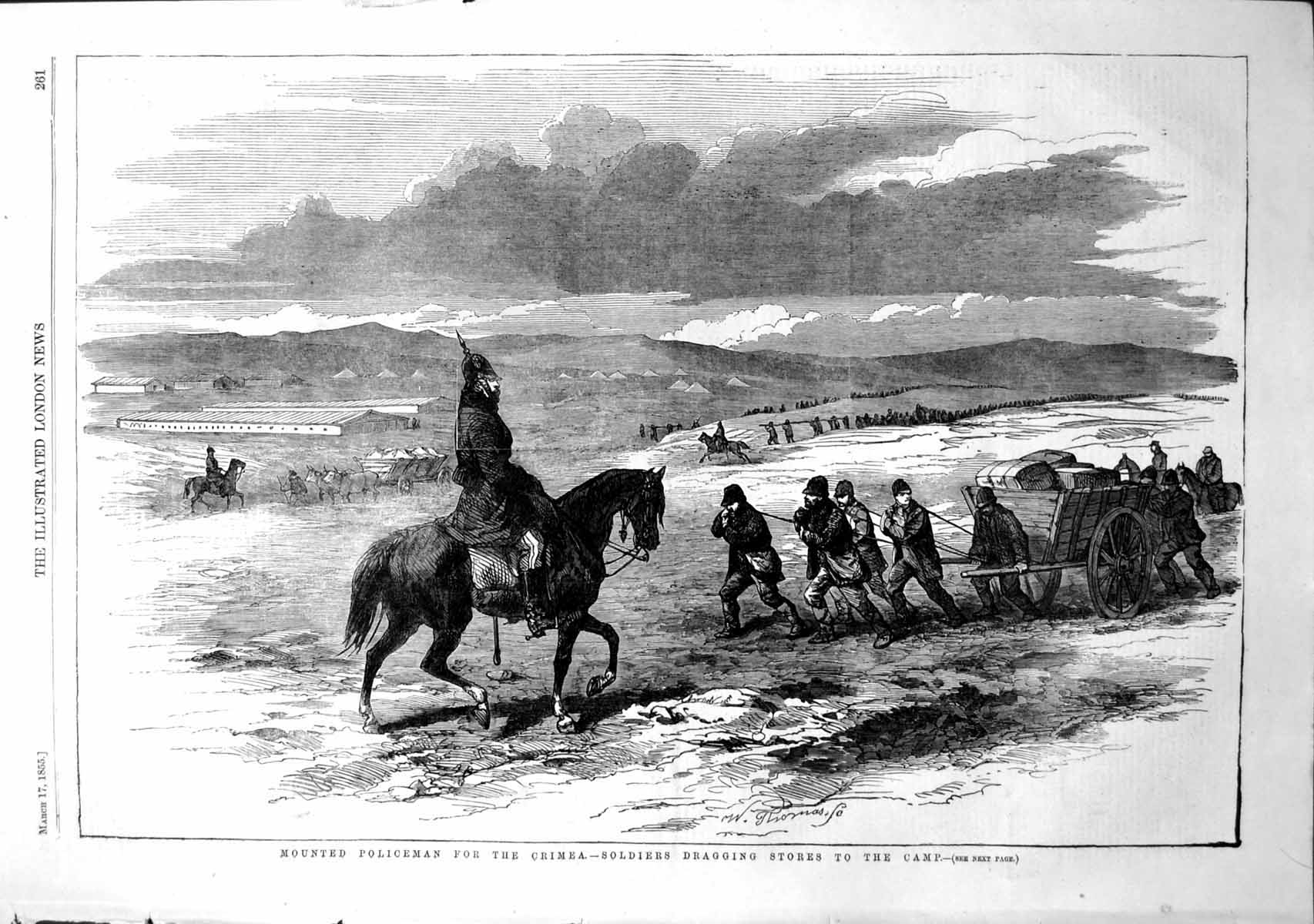Antique Old Print Mounted Policeman Crimea Siers Dragging Stores Planks 1855