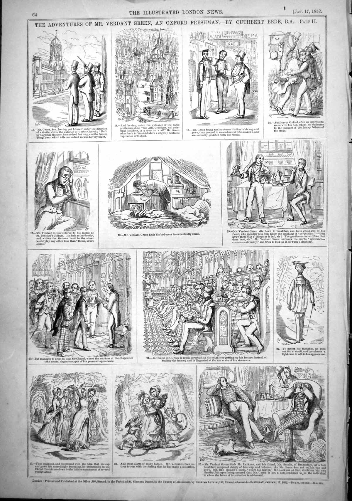 Antique Old Print Adventures Verdant Green Oxford Freshman Randy Mr Dick 1852