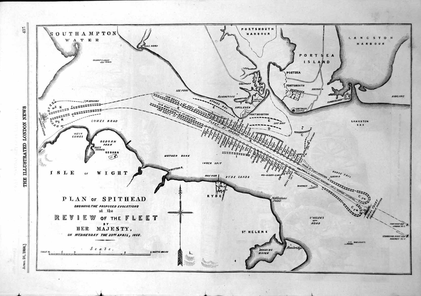 Antique Old Print Plan Spithead Naval Review Fleet Queen Deck Blenheim 1856